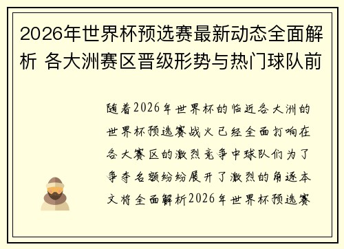 2026年世界杯预选赛最新动态全面解析 各大洲赛区晋级形势与热门球队前景 2026年世界杯预选赛最新动态全面解析 各大洲赛区晋级形势与热门球队前景